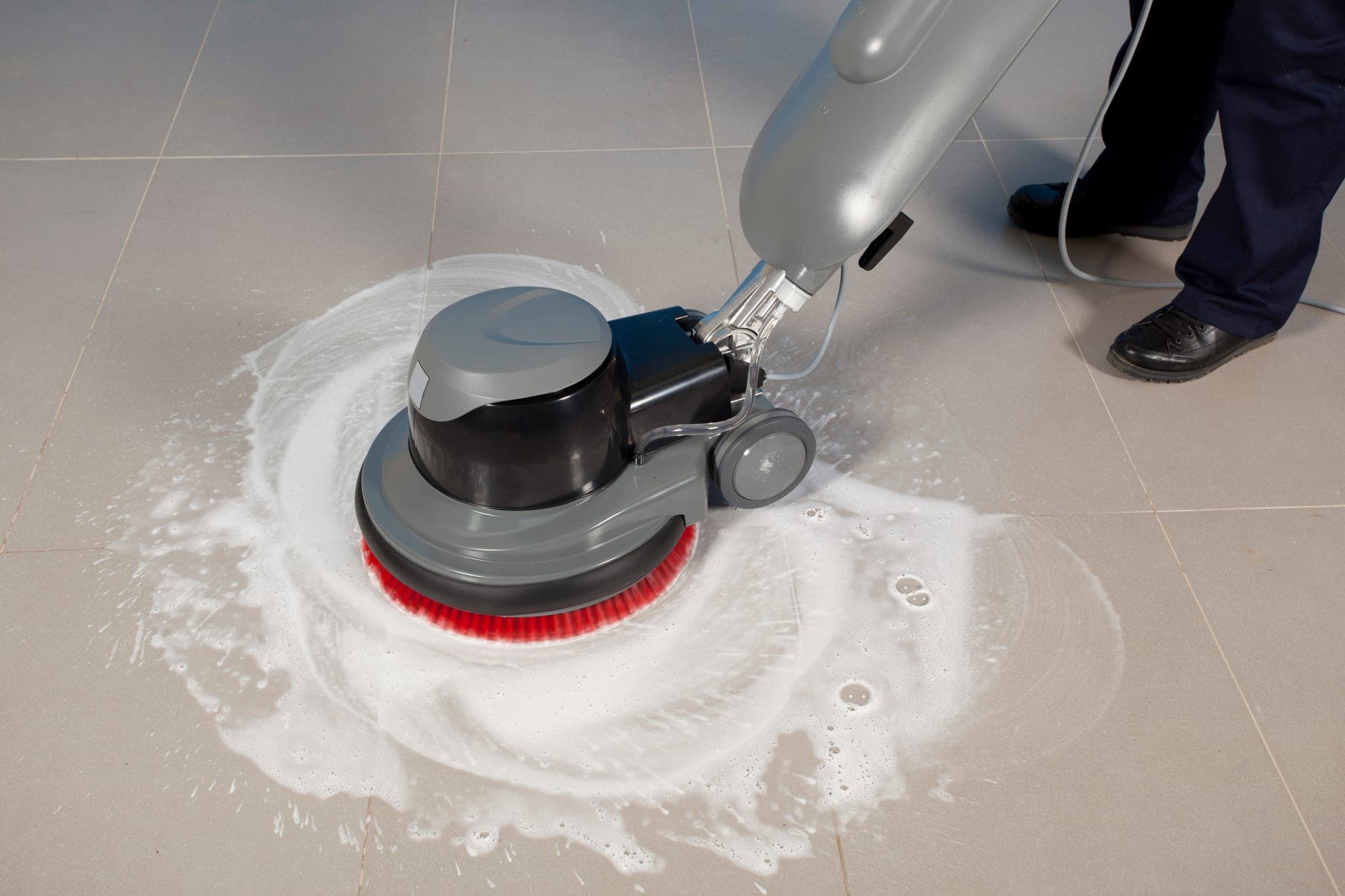 A strip and wax job underway on a tile floor in North Spokane